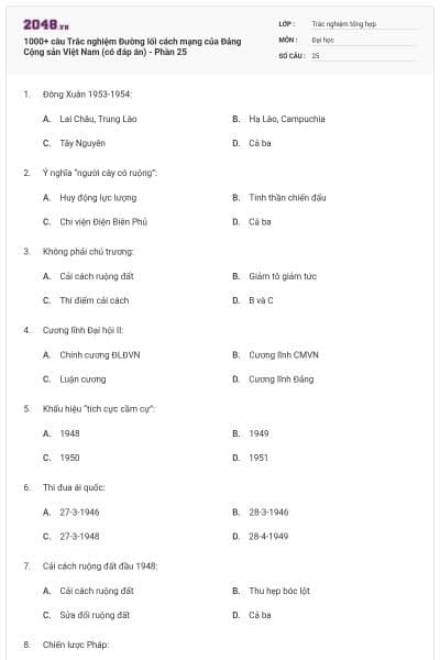 1000+ câu Trắc nghiệm Đường lối cách mạng của Đảng Cộng sản Việt Nam (có đáp án) - Phần 25