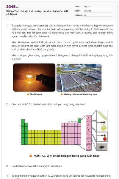 Bài tập Tính chất vật lí và hóa học các đơn chất nhóm VIIA có đáp án