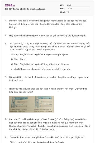 Giải SBT Tin học 5 Bài 2: Ghi nhạc bằng Encore