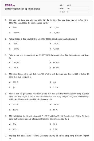 Bài tập Công suất điện lớp 11 (có lời giải)