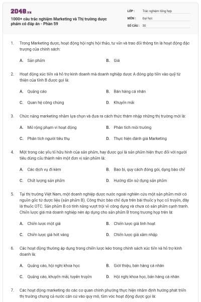 1000+ câu trắc nghiệm Marketing và Thị trường dược phẩm có đáp án - Phần 59