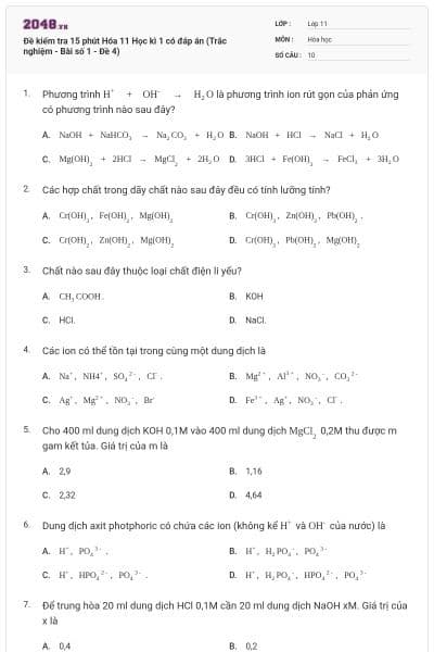 Đề kiểm tra 15 phút Hóa 11 Học kì 1 có đáp án (Trắc nghiệm - Bài số 1 - Đề 4)