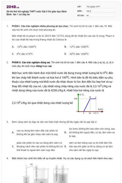Đề thi thử tốt nghiệp THPT môn Vật lí Sở giáo dục Ninh Bình- lần 1 có đáp án
