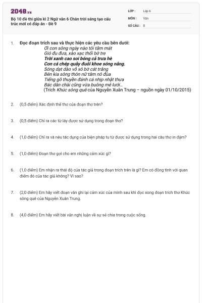 Bộ 10 đề thi giữa kì 2 Ngữ văn 6 Chân trời sáng tạo cấu trúc mới có đáp án - Đề 9