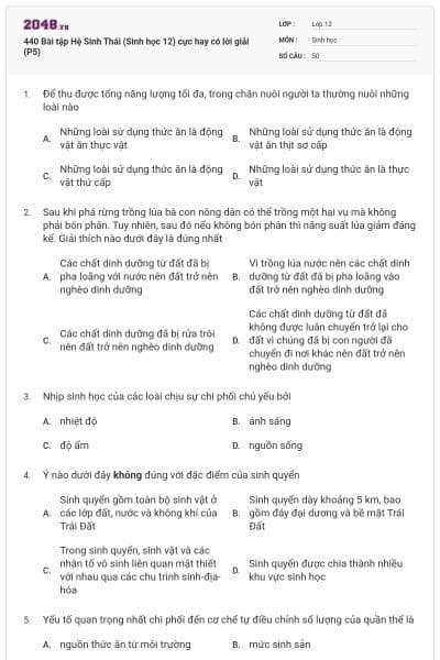 440 Bài tập Hệ Sinh Thái (Sinh học 12) cực hay có lời giải (P5)