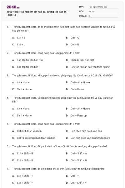 1000+ câu Trắc nghiệm Tin học đại cương (có đáp án) - Phần 12