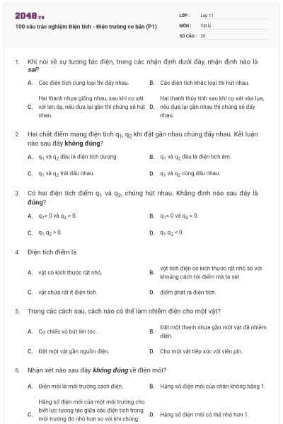 100 câu trắc nghiệm Điện tích - Điện trường cơ bản (P1)