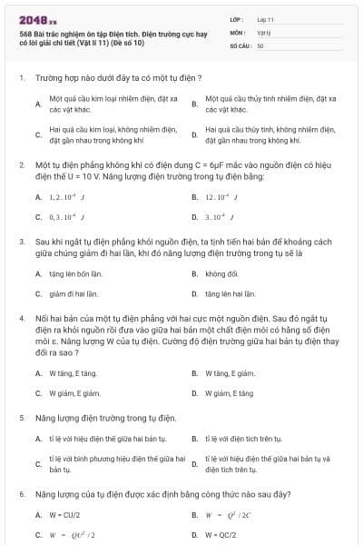 568 Bài trắc nghiệm ôn tập Điện tích. Điện trường cực hay có lời giải chi tiết (Vật lí 11) (Đề số 10)