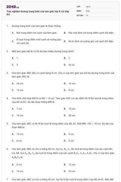 Trắc nghiệm Đường trung bình của tam giác lớp 8 (có đáp án)
