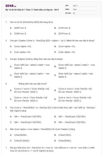 Bộ 10 đề thi Giữa kì 1 Toán 11 Cánh diều có đáp án - Đề 8