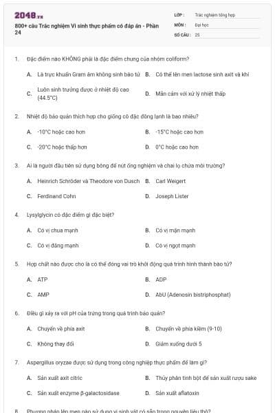 800+ câu Trắc nghiệm Vi sinh thực phẩm có đáp án - Phần 24
