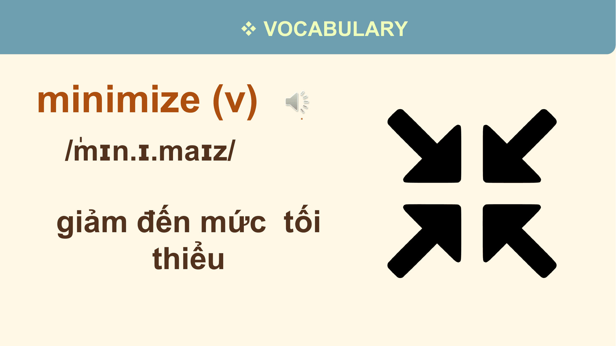 v VOCABULARY

minimize (v) .

 mɪn.ɪ.maɪz/
 /ˈ

 giảm đến mức tối
 thiểu
