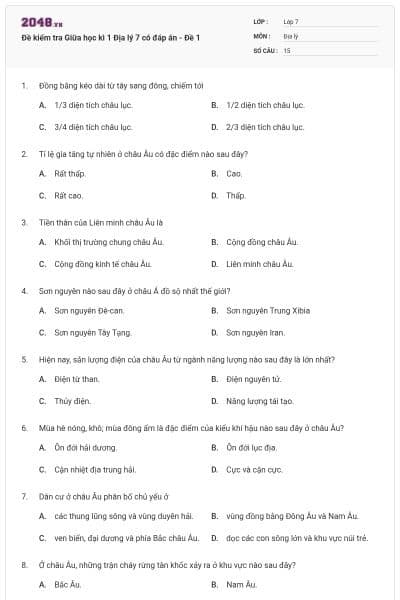 Đề kiểm tra Giữa học kì 1 Địa lý 7 có đáp án - Đề 1