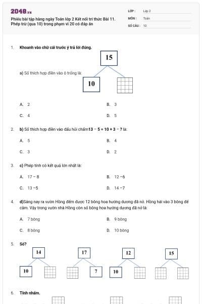 Phiếu bài tập hàng ngày Toán lớp 2 Kết nối tri thức Bài 11. Phép trừ (qua 10) trong phạm vi 20 có đáp án