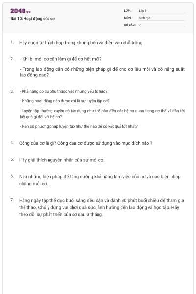 Bài 10: Hoạt động của cơ
