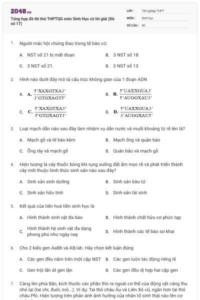 Tổng hợp đề thi thử THPTQG môn Sinh Học có lời giải (Đề số 17)