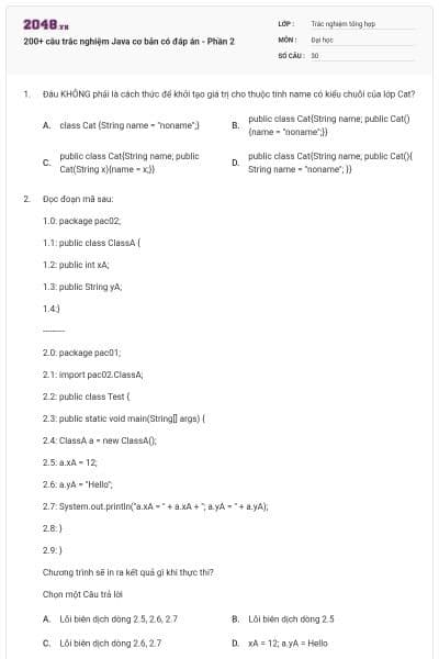 200+ câu trắc nghiệm Java cơ bản có đáp án - Phần 2