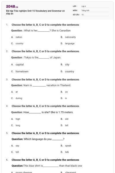 Bài tập Trắc nghiệm Unit 15 Vocabulary and Grammar có đáp án