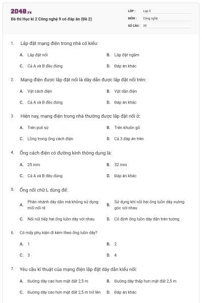 Đề thi Học kì 2 Công nghệ 9 có đáp án (Đề 2)
