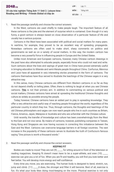 20 câu trắc nghiệm Tiếng Anh 11 Unit 2. Leisure time - Reading and Writing - Friends Global có đáp án