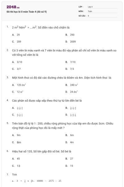 Đề thi học kì II môn Toán 4 (đề số 9)