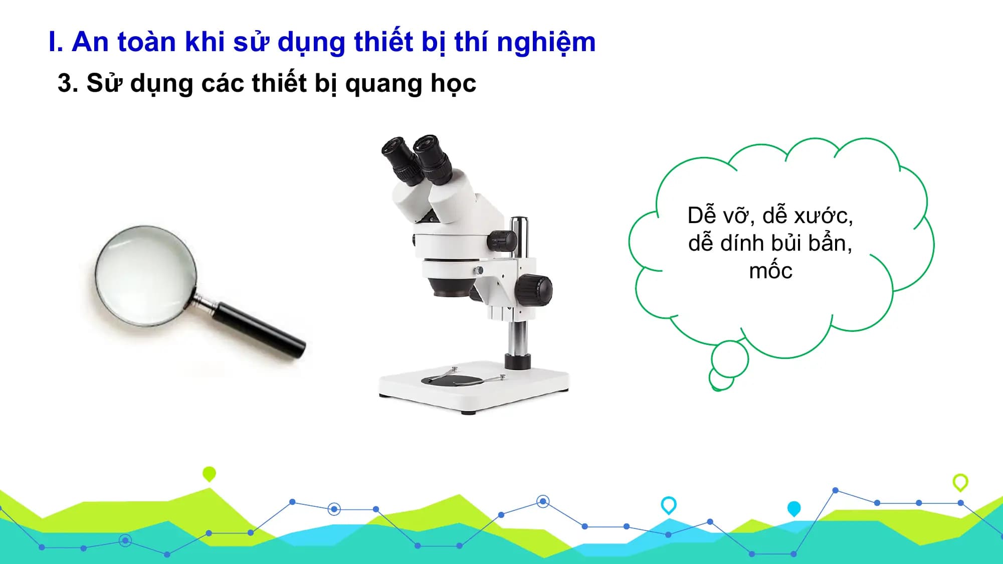 I. An toàn khi sử dụng thiết bị thí nghiệm
3. Sử dụng các thiết bị quang học

 Dễ vỡ, dễ xước,
 dễ dính bủi bẩn,
 mốc