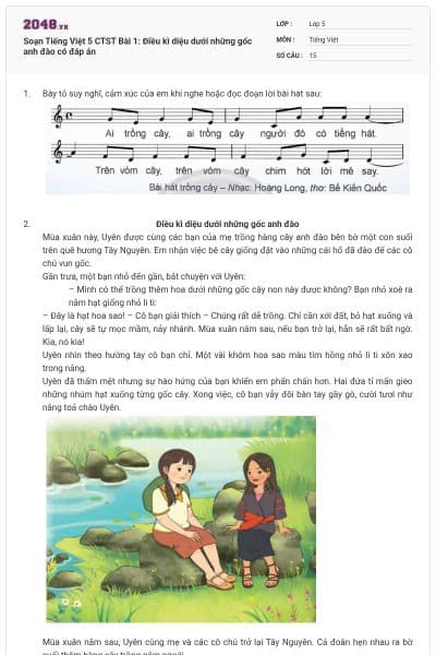 Soạn Tiếng Việt 5 CTST Bài 1: Điều kì diệu dưới những gốc anh đào có đáp án