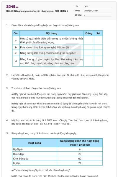 Bài 46: Năng lượng và sự truyền năng lượng - SBT KHTN 6