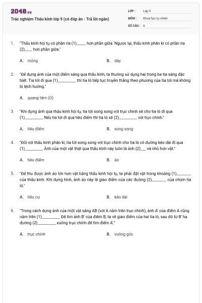 Trắc nghiệm Thấu kính lớp 9 (có đáp án - Trả lời ngắn)