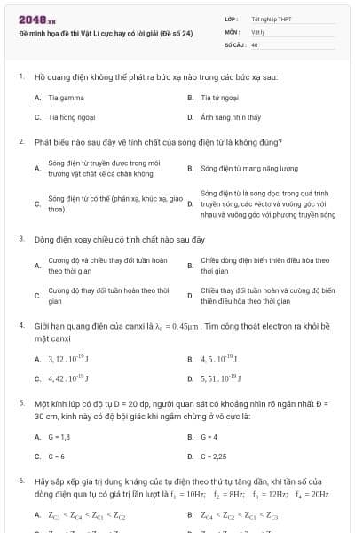 Đề minh họa đề thi Vật Lí cực hay có lời giải (Đề số 24)