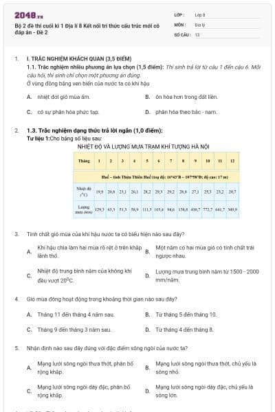 Bộ 2 đề thi cuối kì 1 Địa lí 8 Kết nối tri thức cấu trúc mới có đáp án - Đề 2