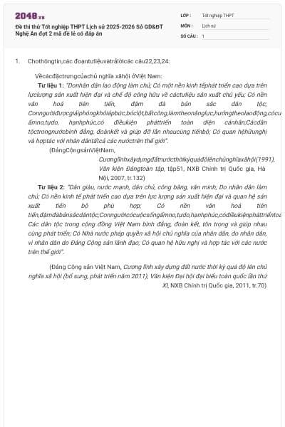 Đề thi thử Tốt nghiệp THPT Lịch sử 2025-2026 Sở GD&ĐT Nghệ An đợt 2 mã đề lẻ có đáp án