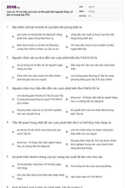 Lịch sử 10 (có đáp án) Lịch sử thế giới thời nguyên thủy, cổ đại và trung đại (P5)