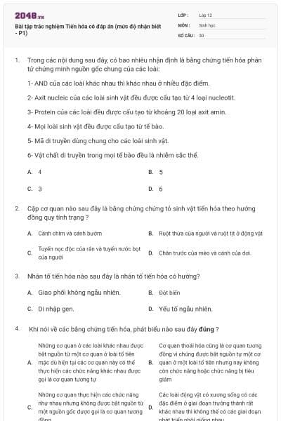 Bài tập trắc nghiệm Tiến hóa có đáp án (mức độ nhận biết - P1)