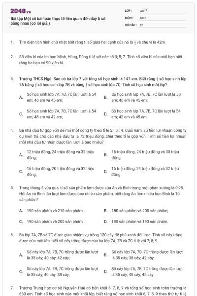 Bài tập Một số bài toán thực tế liên quan đến dãy tỉ số bằng nhau (có lời giải)
