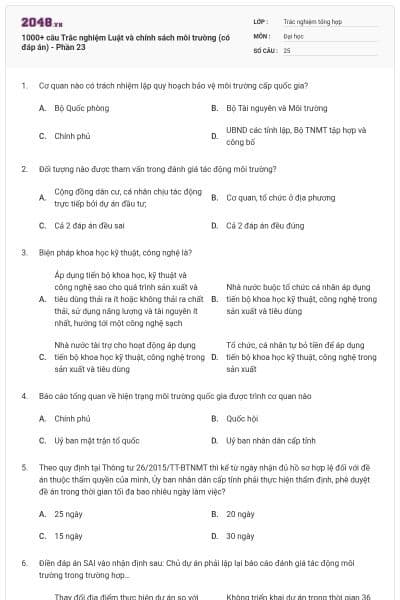 1000+ câu Trắc nghiệm Luật và chính sách môi trường (có đáp án) - Phần 23