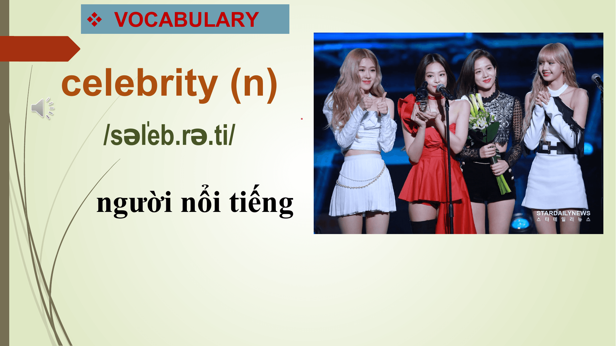 v VOCABULARY

celebrity (n)
 .
 /səˈ
 leb.rə.ti/

 người nổi tiếng