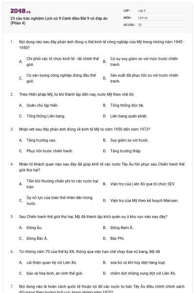 23 câu trắc nghiệm Lịch sử 9 Cánh diều Bài 9 có đáp án (Phần 4)