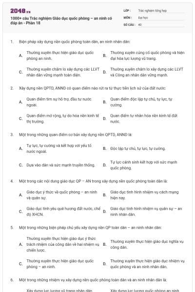 1000+ câu Trắc nghiệm Giáo dục quốc phòng – an ninh có đáp án - Phần 18