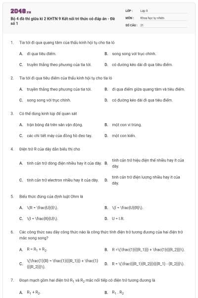 Bộ 4 đề thi giữa kì 2 KHTN 9 Kết nối tri thức có đáp án - Đề số 1