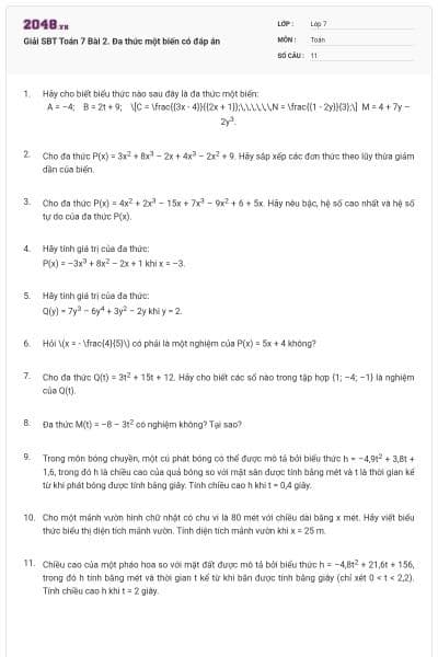 Giải SBT Toán 7 Bài 2. Đa thức một biến có đáp án