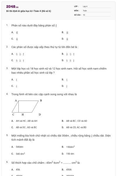 Đề thi định kì giữa học kì I Toán 4 (Đề số 6)