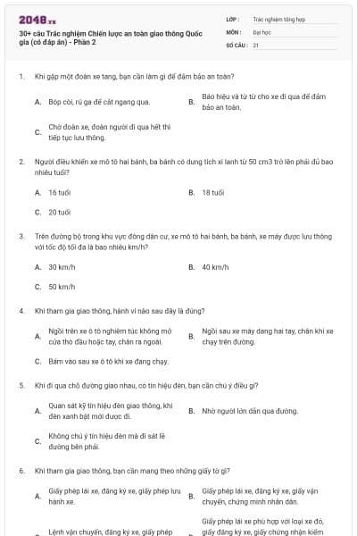 30+ câu Trắc nghiệm Chiến lược an toàn giao thông Quốc gia (có đáp án) - Phần 2