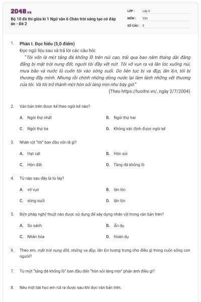 Bộ 10 đề thi giữa kì 1 Ngữ văn 6 Chân trời sáng tạo có đáp án - Đề 2