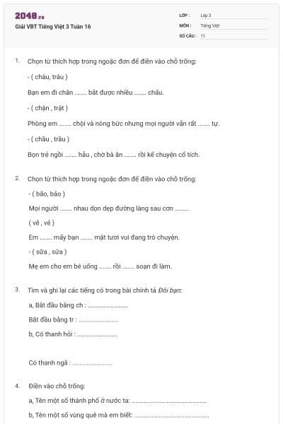 Giải VBT Tiếng Việt 3 Tuần 16