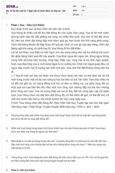 Bộ 10 đề thi cuối kì 1 Ngữ văn 6 Cánh diều có đáp án - Đề 7