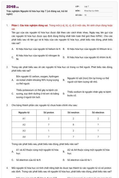 Trắc nghiệm Nguyên tố hóa học lớp 7 (có đúng sai, trả lời ngắn)