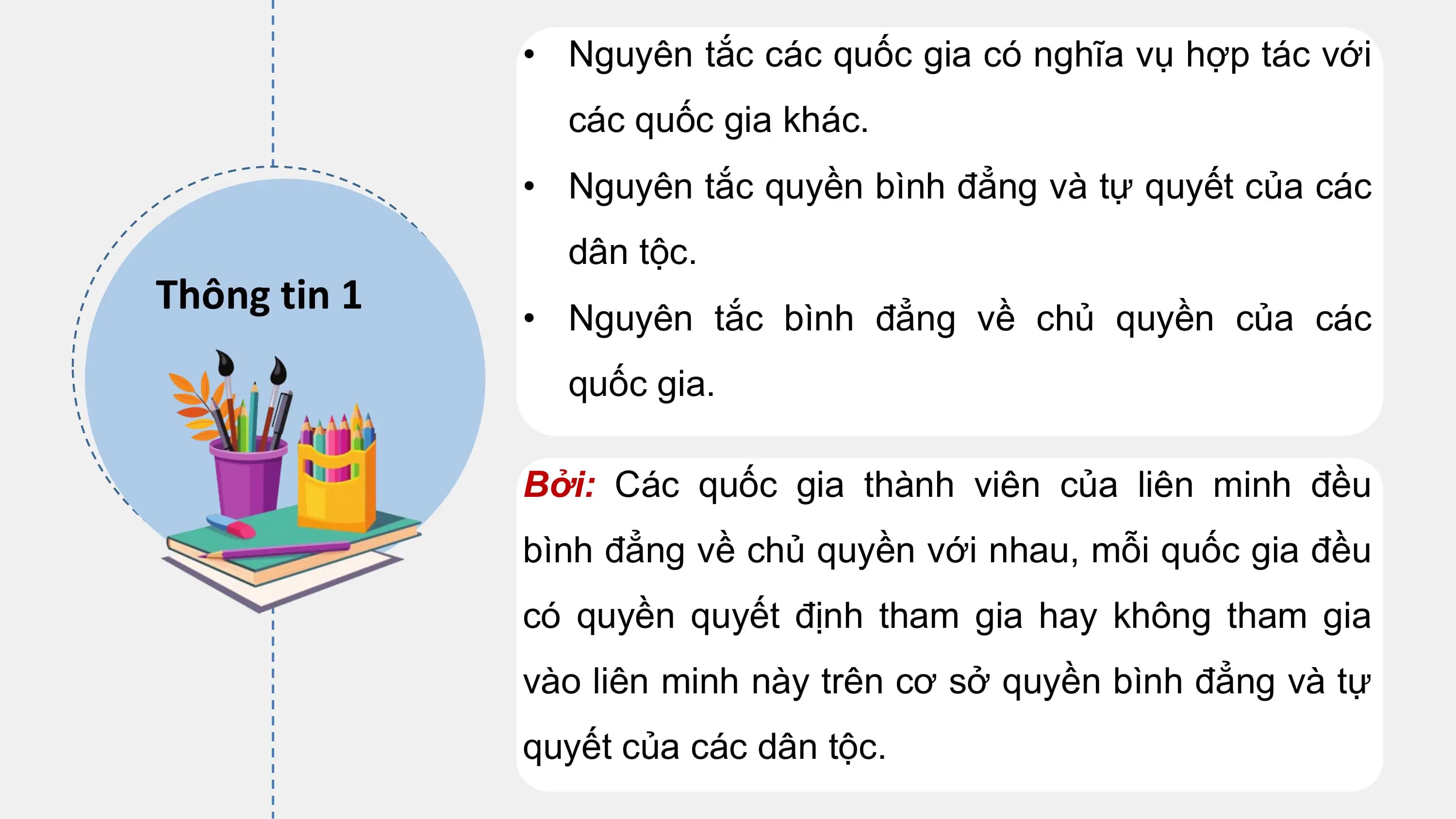• Nguyên tắc các quốc gia có nghĩa vụ hợp tác với
 các quốc gia khác.
 • Nguyên tắc quyền bình đẳng và tự quyết của các
 dân tộc.
Thông tin 1 • Nguyên tắc bình đẳng về chủ quyền của các
 quốc gia.

 Bởi: Các quốc gia thành viên của liên minh đều
 bình đẳng về chủ quyền với nhau, mỗi quốc gia đều
 có quyền quyết định tham gia hay không tham gia
 vào liên minh này trên cơ sở quyền bình đẳng và tự
 quyết của các dân tộc.