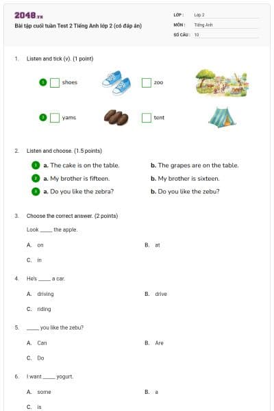 Bài tập cuối tuần Test 2 Tiếng Anh lớp 2 (có đáp án)