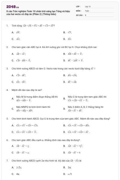 8 câu Trắc nghiệm Toán 10 chân trời sáng tạo Tổng và hiệu của hai vectơ có đáp án (Phần 2) (Thông hiểu)